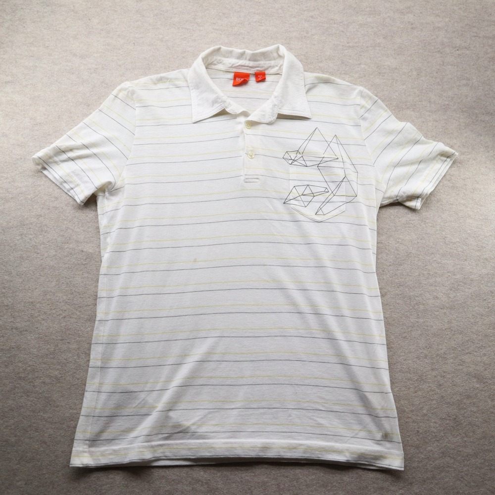 Hugo Boss Polo Shirt Large White Striped Modern Geometric Graphic Pocket Tee